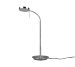 De TRIO Tafellamp Monza is een moderne metalen tafellamp met een ronde voet, gebogen hals en ronde, platte lampkop - alles in een glanzend zilveren afwerking.