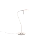 De TRIO Tafellamp Monza, een moderne witte bureaulamp met een gebogen, verstelbare hals en ronde voet, wordt getoond op een witte achtergrond, aangesloten en met zacht naar beneden gericht licht.