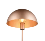 De TRIO Tafellamp Nola is een moderne koperkleurige vloerlamp met een koepelvormige kap en een zichtbaar peertje, verlicht tegen een witte achtergrond.