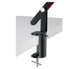 De TRIO Tafellamp AMSTERDAM is een zwart metalen bureaulamp met een hefboomarm, stevig bevestigd aan een witte tafelrand. De lamp heeft een verstelbare schroef en handvat voor eenvoudige positionering en stabiliteit.