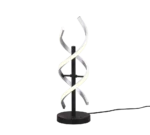 De TRIO Tafellamp Sequence is een moderne tafellamp met een zwarte ronde voet, een centrale voet en twee in elkaar verstrengelde spiraalvormige LED-strips die een dubbele helix vormen. Een netsnoer komt uit de voet.