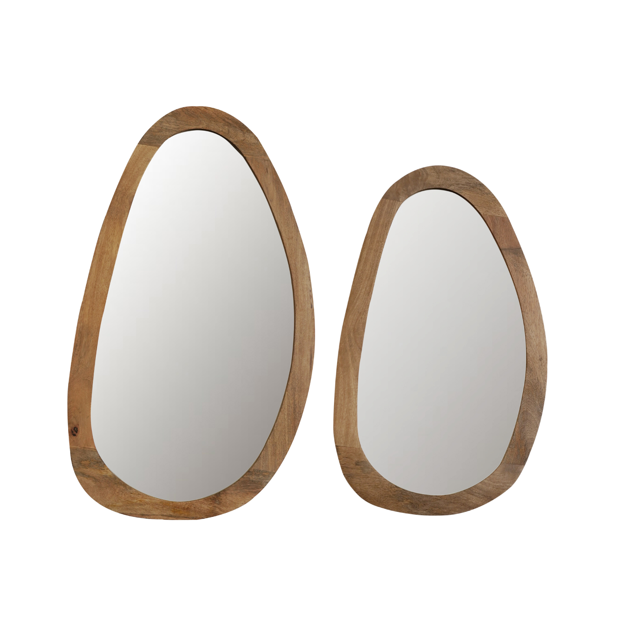 Twee Spiegel Lou spiegels, elk 60 cm met een dikke lijst van natuurlijk hout, staan naast elkaar tegen een witte achtergrond.