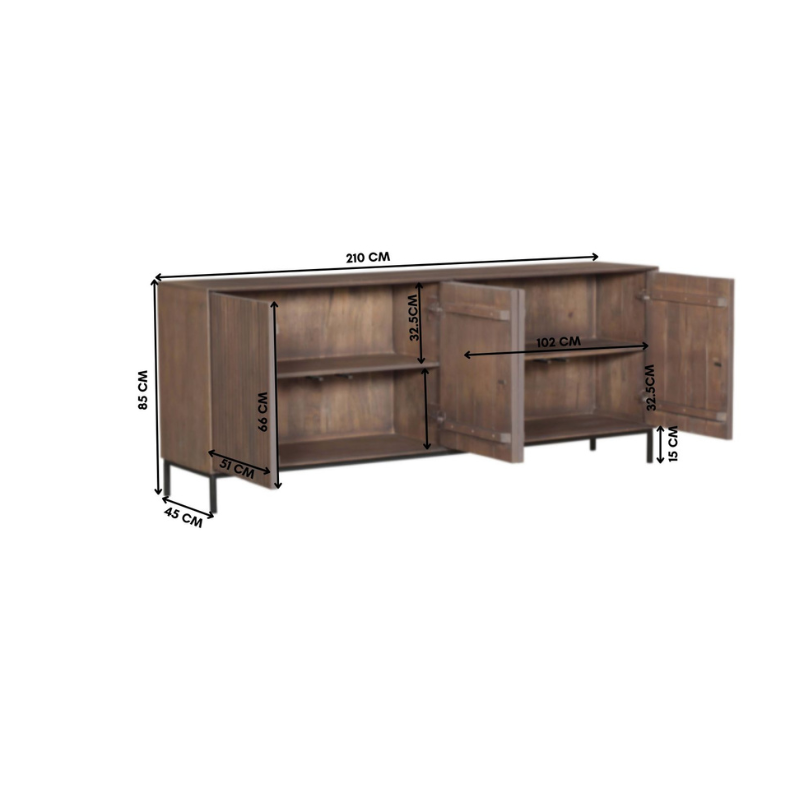 De Dressoir Madison Walnoot | 210 cm is een houten dressoirkast met twee open deuren die legplanken aan de binnenkant onthullen. Afmetingen: 210 cm breed, 85 cm hoog en 45 cm diep; inclusief verschillende gelabelde afmetingen in centimeters binnenin.