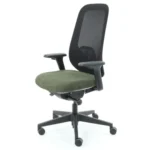 De Workliving Nora Mesh Groen Regain Bureaustoel Ergonomisch Design NEN1335 heeft een zwart frame, een rugleuning van netstof, verstelbare armleuningen, een zitkussen van groene stof en een onderstel met vijf wielen.