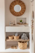 Op een minimalistische wastafel in de badkamer staat de Mirror Maurice Round Water Hyacinth Brown Small hierboven, met een potplant, zeep en handdoeken in manden op open planken voor een natuurlijke, spa-geïnspireerde look.