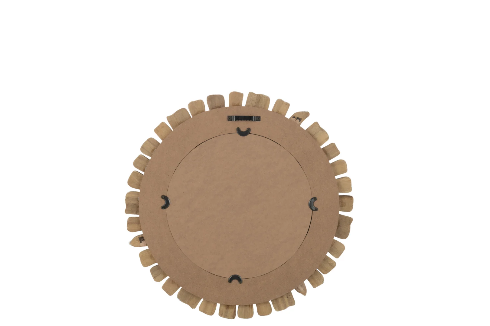 De Mirror Vacay Wood White Small is een ronde spiegel met een bruine kartonnen achterkant en gelijkmatig verdeelde kleine lipjes langs de rand, van bovenaf gezien op een witte achtergrond.