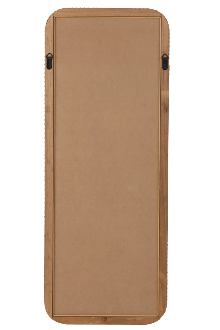 De afbeelding toont de achterkant van de Mirror Rectangle Fir Wood/Glass Natural met een rechthoekige houten lijst, twee zwarte ophangbeugels bovenaan en een blanco bruin achterpaneel.