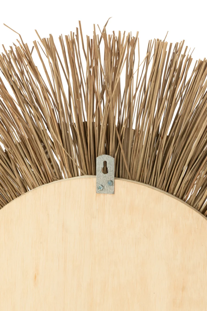 Close-up van de achterkant van de Mirror Melissa Straw Natural/White Large, met een metalen ophangbeugel en natuurlijk gedroogd stro dat uit de bovenkant steekt.