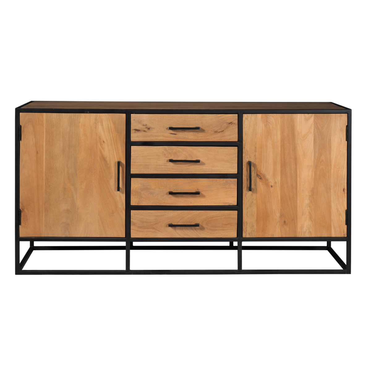 De Dressoir Denver combineert mangohout en staal in een ontwerp van 165 cm, met twee houten deuren aan elke kant, vier centrale lades en zwarte handgrepen in een strak zwart metalen frame.
