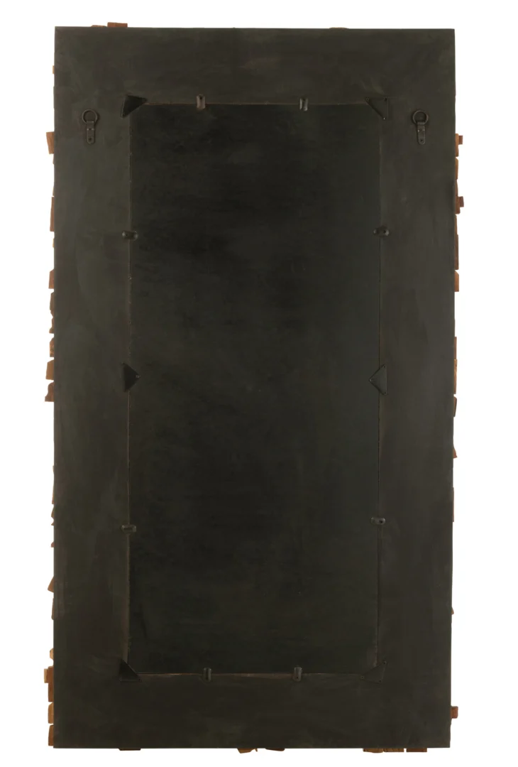 De MIRROR SYMA RECYCLED WOOD/MIRROR NATURAL LARGE is een rechthoekig frame met metalen clips en twee ophanghaken aan de achterkant, ontworpen om kunstwerken of een spiegel op te hangen.