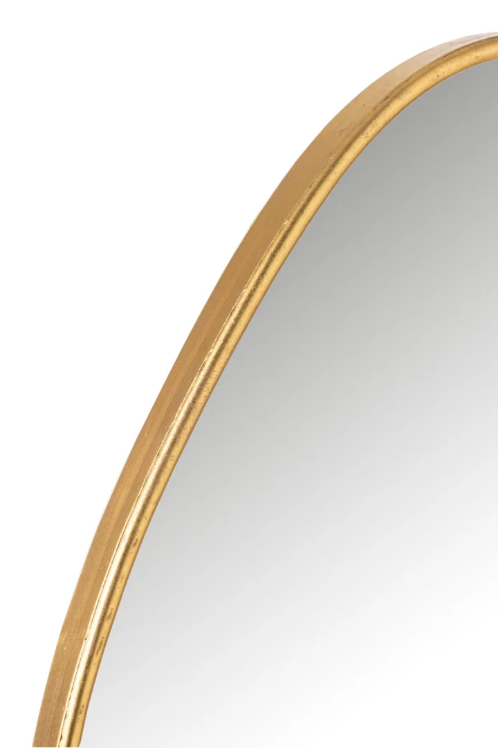 Een close-up van de rechterbovenhoek van de Mirror Abstract MDF/Glass Gold Large, met de gouden lijst en een zacht lichtverloop.