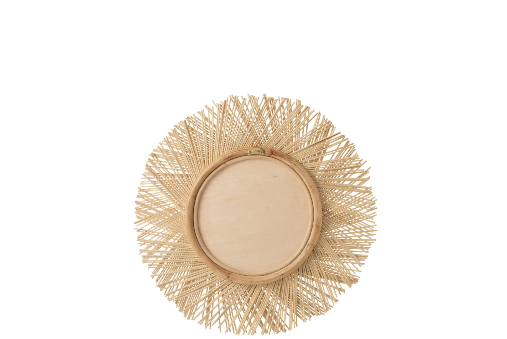 De Mirror Tress Rattan Natural heeft een leeg ovaal houten frame met een ingewikkelde geweven rotanrand tegen een witte achtergrond.