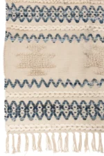 De Vloerkleed Denim Katoen Blauw/Wit Groot is een geweven vloerkleed met een crèmekleurige basis, blauwe geometrische patronen, gevlochten accenten, gestructureerde vormen en franjes langs de onderrand.