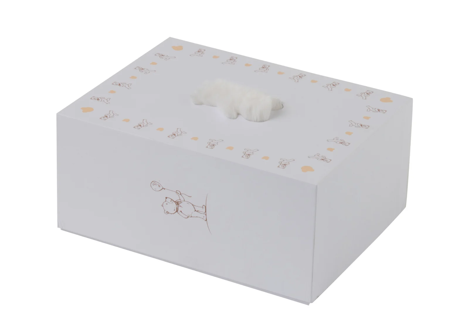 De Vloerkleed Bier Polyester Wit is een witte rechthoekige tissuebox met eenvoudige dier- en hartillustraties, met een pluizig wit detail bovenop dat lijkt op de staart of poot van een kleine beer waar tissues worden uitgedeeld.