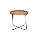 De Mirrors and More Bijzettafel JETTE is een moderne, minimalistische ronde houten bijzettafel met een opstaande rand, voorzien van zwart metalen poten die elkaar kruisen bij de basis.