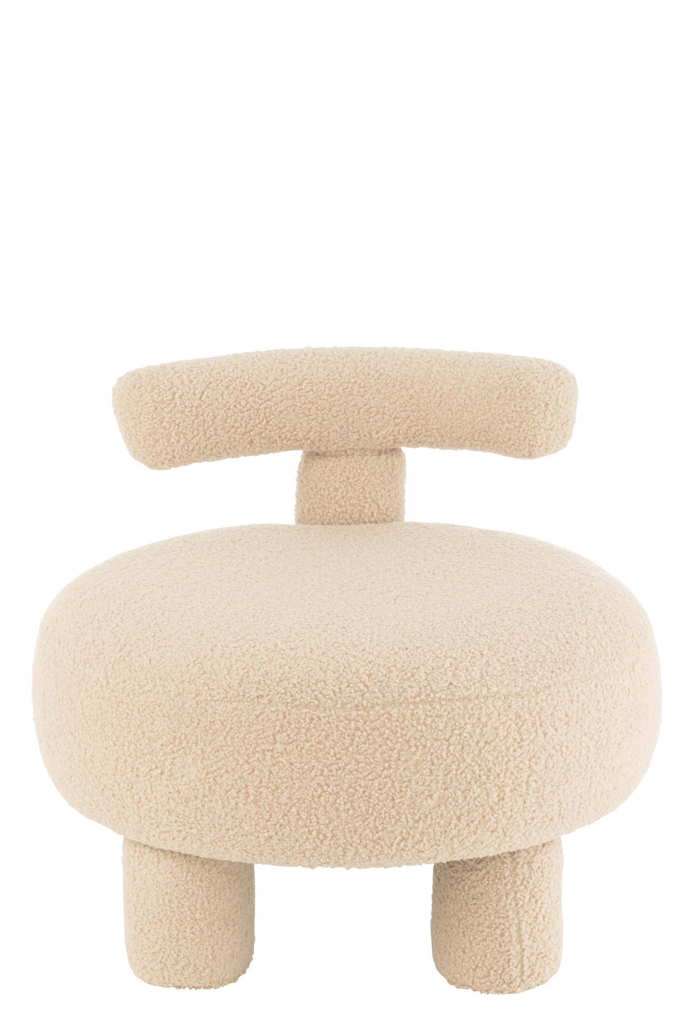 De Kruk Rond Stoelleuning Bouclé Beige is een pluche beige accentstoel met een ronde zitting, cilindrische poten en een gebogen gecapitonneerde rugleuning, allemaal bekleed met zachte boucléstof.