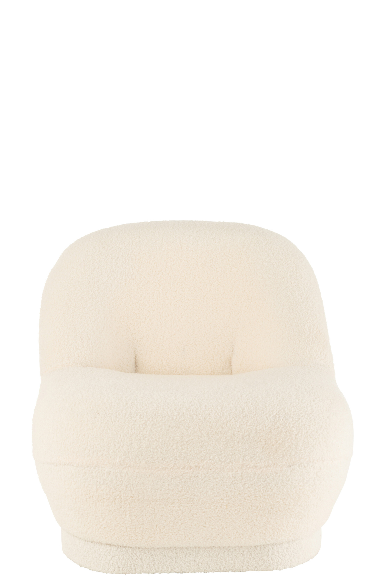 De Kruk Teddy Bouclé Wit Zacht is een pluche, crèmekleurige bouclé fauteuil met een afgeronde rugleuning en zitting, die modern comfort en stijl biedt tegen een effen witte achtergrond.
