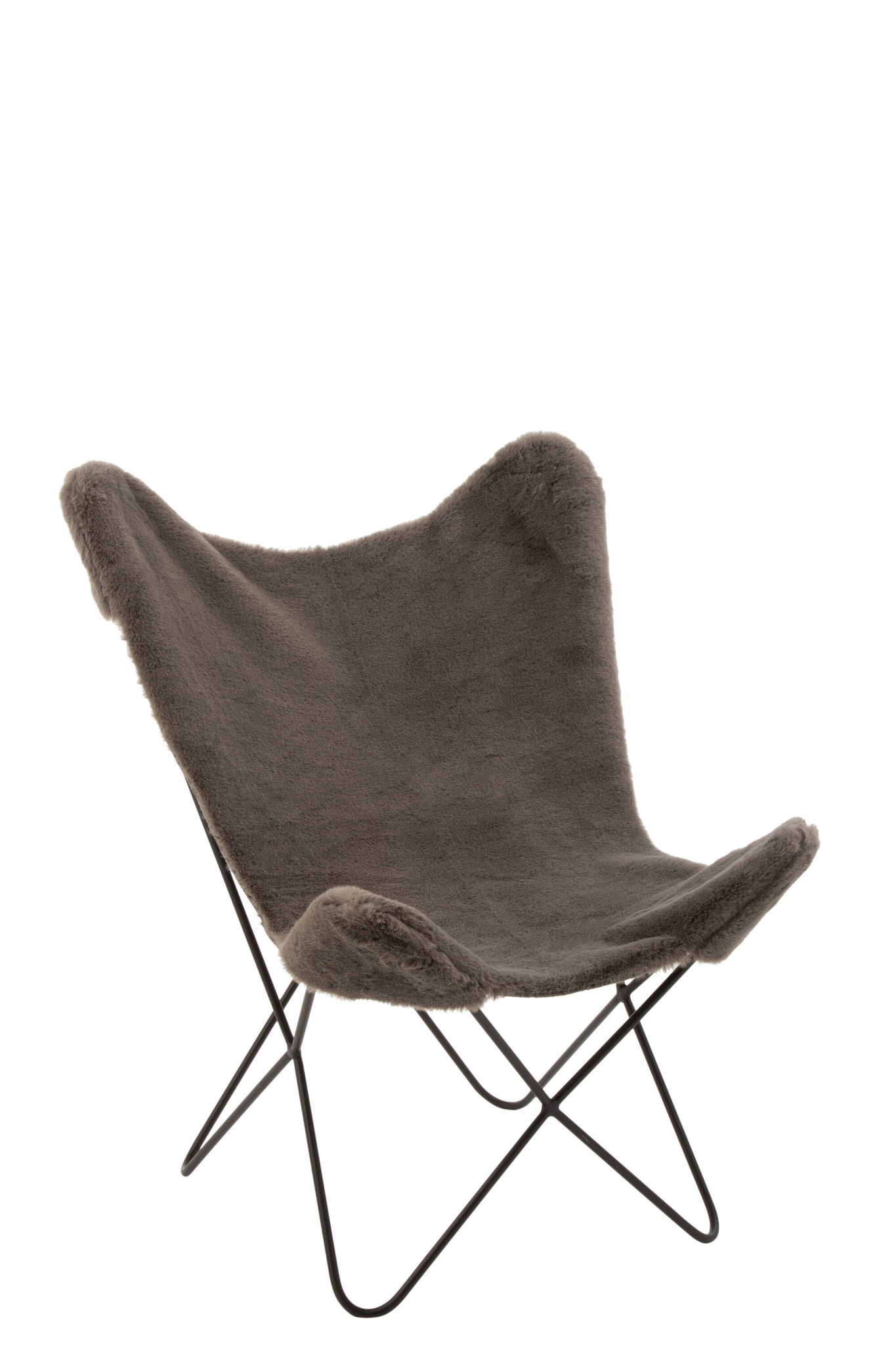De Hoes Vlinderstoel Cutie Grijs is een moderne vlinderstoel met zacht donkergrijs imitatiebont en een zwart metalen frame, tegen een effen witte achtergrond.