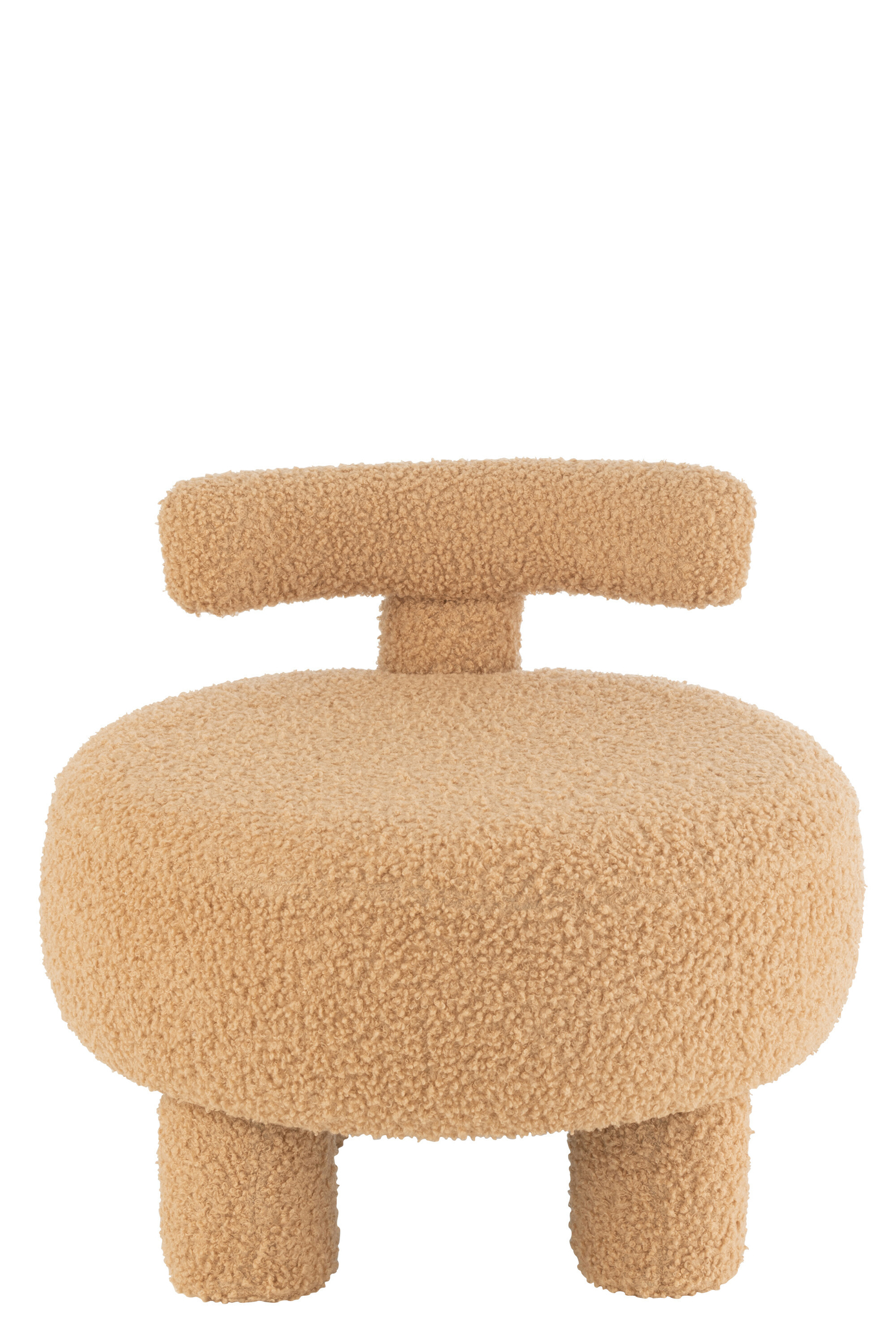 De Krukje Rond Stoelleuning Fluweel Kameel is een moderne beige accentstoel met een afgeronde pluche zitting, korte rugleuning en drie cilindervormige poten, allemaal in boucle stof met textuur, afgebeeld tegen een witte achtergrond.