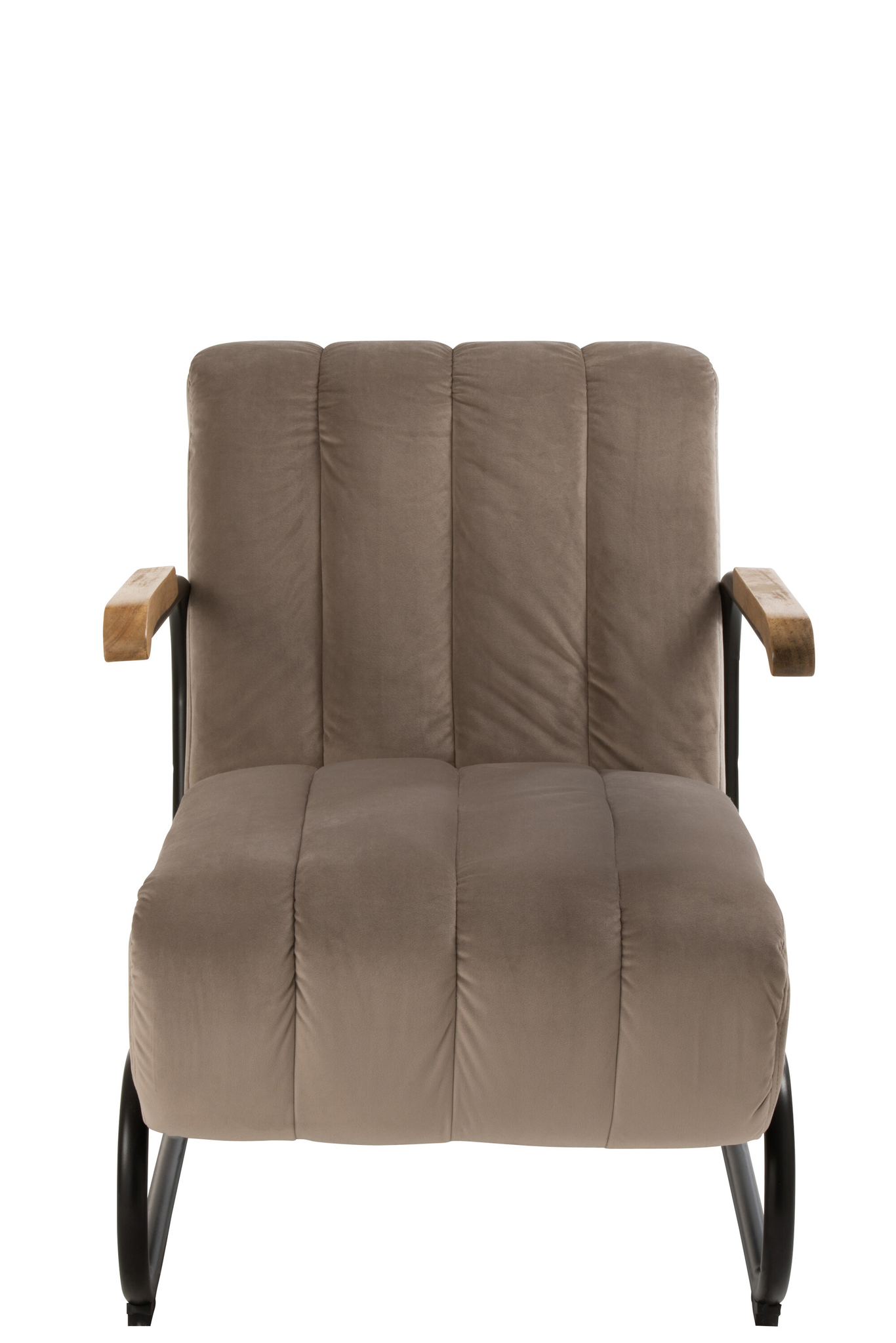 De Zit Relax 1 Persoon Grijs Textiel is een moderne fauteuil met grijze stoffen kussens, een zwart metalen frame en houten armleuningen, vanaf de voorkant weergegeven op een witte achtergrond.