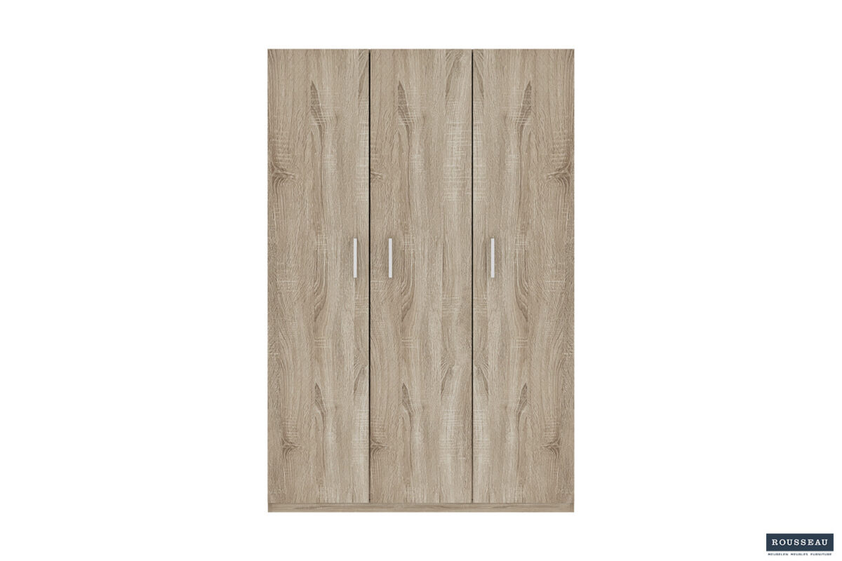 Opbergkast 'Mike' 120 cm met 3 deuren in Sonoma, voorzien van verticale zilverkleurige handgrepen. De kast heeft een strak, modern design en een natuurlijke houtnerfstructuur, afgebeeld tegen een witte achtergrond.