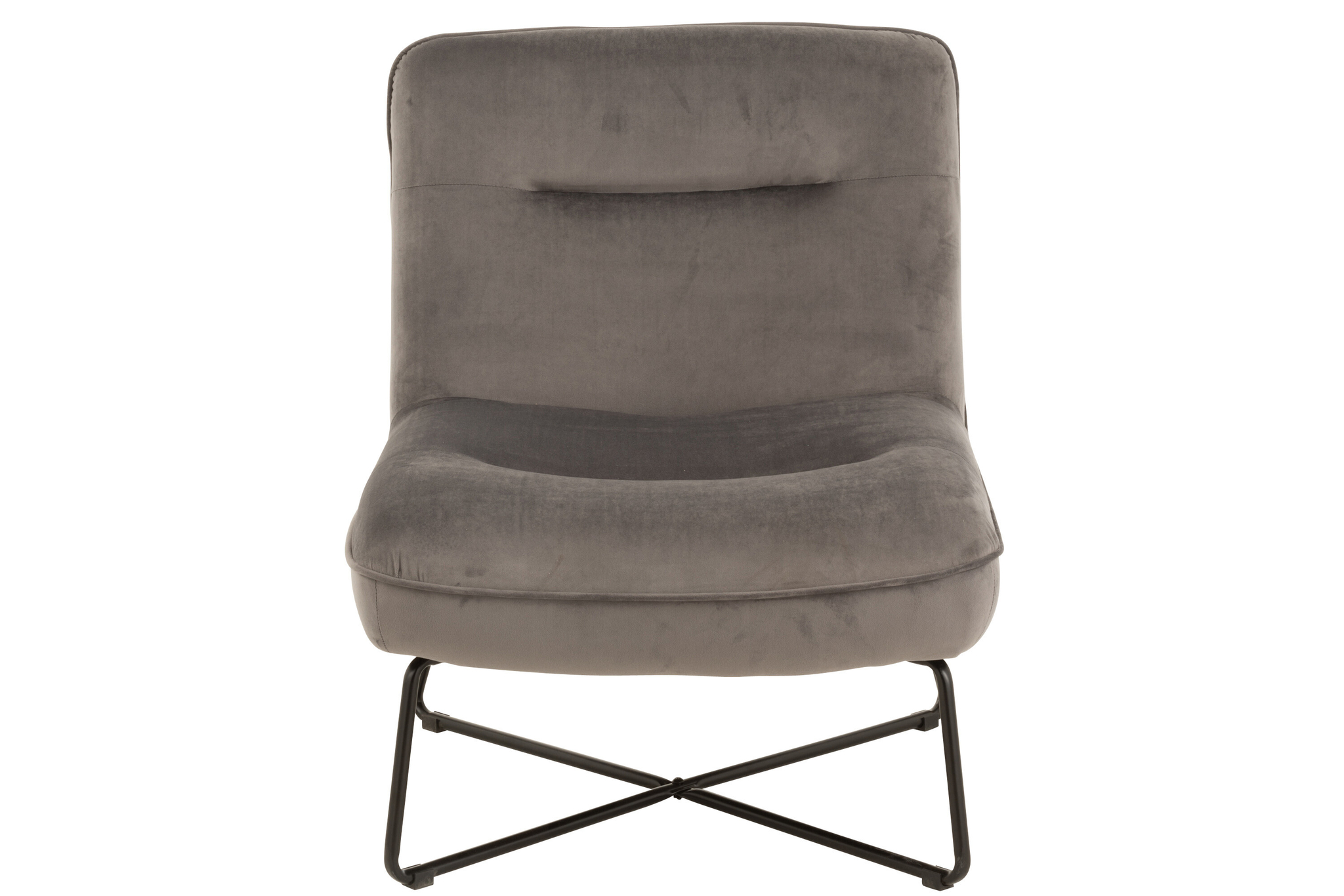 De Loungestoel Frame Midden Grijs is een moderne armloze stoel met een grijze zitting en rugleuning met kussens, met slanke zwarte metalen poten die elkaar kruisen bij de voet.