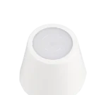 De Reality Diaz Tafellamp is een witte, kegelvormige lamp van bovenaf gezien, met een ronde doorschijnende bovenkant en een vaag krachtsymbool in het midden.