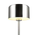 De REALITY Tafellamp JEFF is een moderne vloerlamp met een cilindrische kap van geborsteld metaal, van onder verlicht op een slanke metalen stang tegen een witte achtergrond.