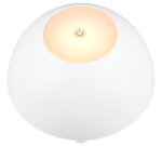 De REALITY Tafellamp RICARDO is een witte, ovaalvormige elektronische lamp met een zacht gloeiend rond licht bovenop en een aan/uit-knopsymbool in het midden.