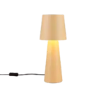 De TRIO Tafellamp NUBIAN is een moderne beige tafellamp met een conische voet en kap, voorzien van een zichtbaar zwart netsnoer en schakelaar, zacht verlicht tegen een witte achtergrond.
