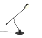 De TRIO Manduro tafellamp is een moderne zwarte bureaulamp met een verstelbare arm, ronde voet en schuin naar links gericht met het licht aan.