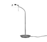 De TRIO Tafellamp Monza is een moderne zilveren vloerlamp met een ronde voet, een slanke gebogen steel en een ronde LED-kop op een effen witte achtergrond.