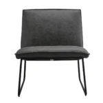 Vooraanzicht van de Fauteuil James, een armloze stoel met een zwart metalen frame en een beklede zitting en rugleuning in microleder antraciet.
