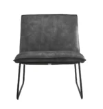 Vooraanzicht van de Fauteuil James - Velvet Antraciet, met een zwart metalen frame en donkergrijze fluwelen beklede zitting en rugleuning, tegen een witte achtergrond.