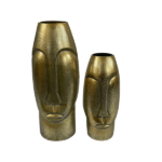 De Vaas Lyra - Antiek goud | Large staat links naast een kleinere gouden vaas, beide met abstracte gezichtsontwerpen en minimalistische kenmerken, tegen een witte achtergrond.