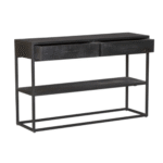 De Sidetable Denver Zwart heeft een moderne uitstraling met twee lades, een open plank eronder en een minimalistisch zwart metalen frame.