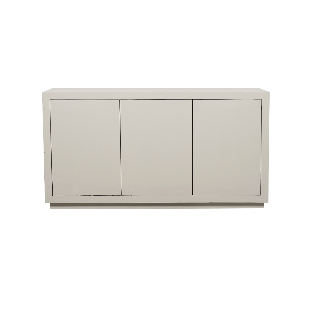 De Dressoir Brussel 3 deurs | 150 cm is een minimalistische, moderne witte kast met drie deuren en strakke lijnen, tegen een effen witte achtergrond.