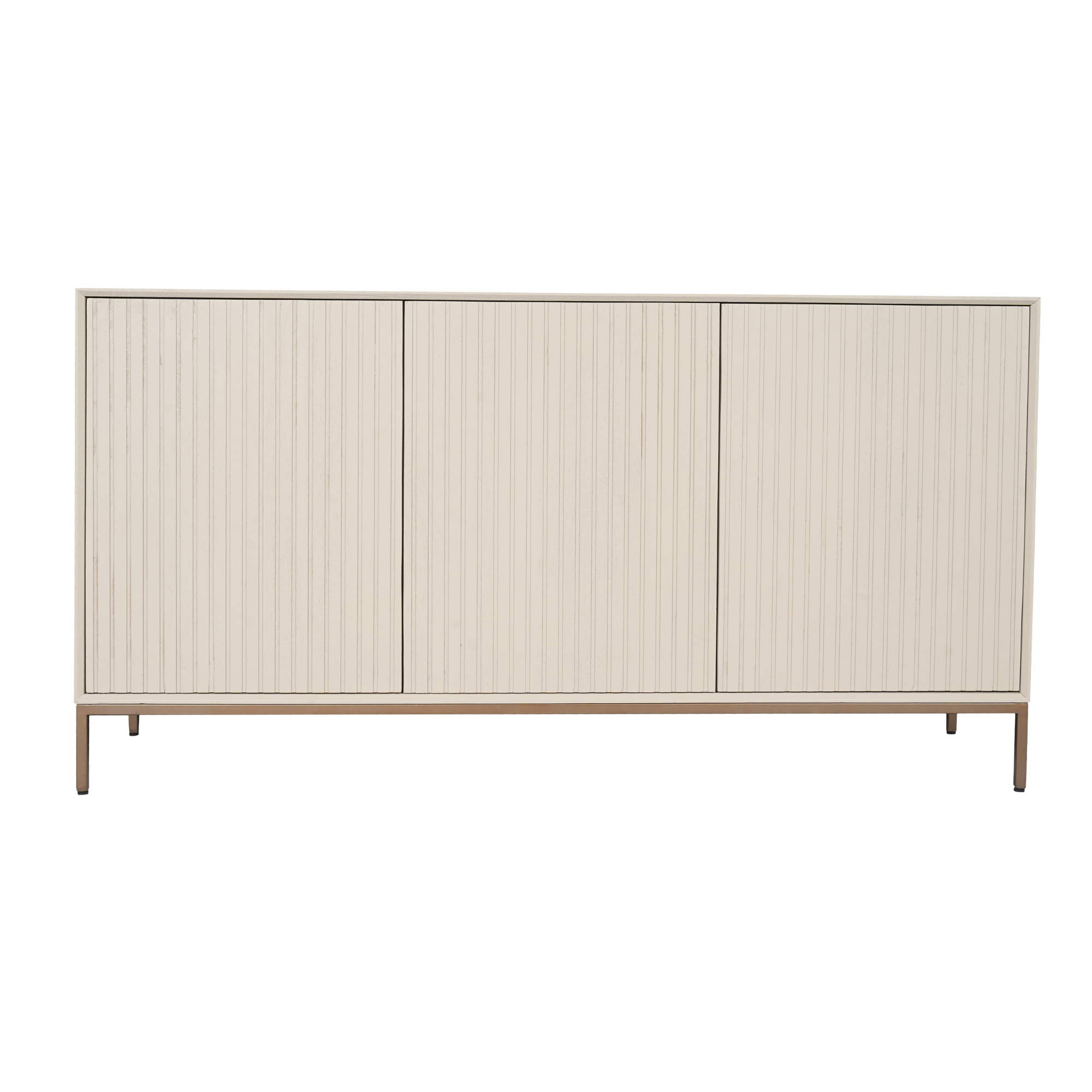 De Dressoir Madison Sand (165 cm) is een modern dressoir met drie deuren, een lichte houten afwerking en verticale groeven op slanke metalen poten. Het minimalistische ontwerp past bij eigentijdse interieurs.