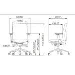 Technische tekening van de gereviseerde Bureaustoel Workliving Ramblas Comfort - Ergonomisch Ontwerp (N)EN 1335, met voor- en zijaanzicht met breedte, diepte, hoogte, zithoogte en rugleuningafmetingen in mm, inclusief ± toleranties.