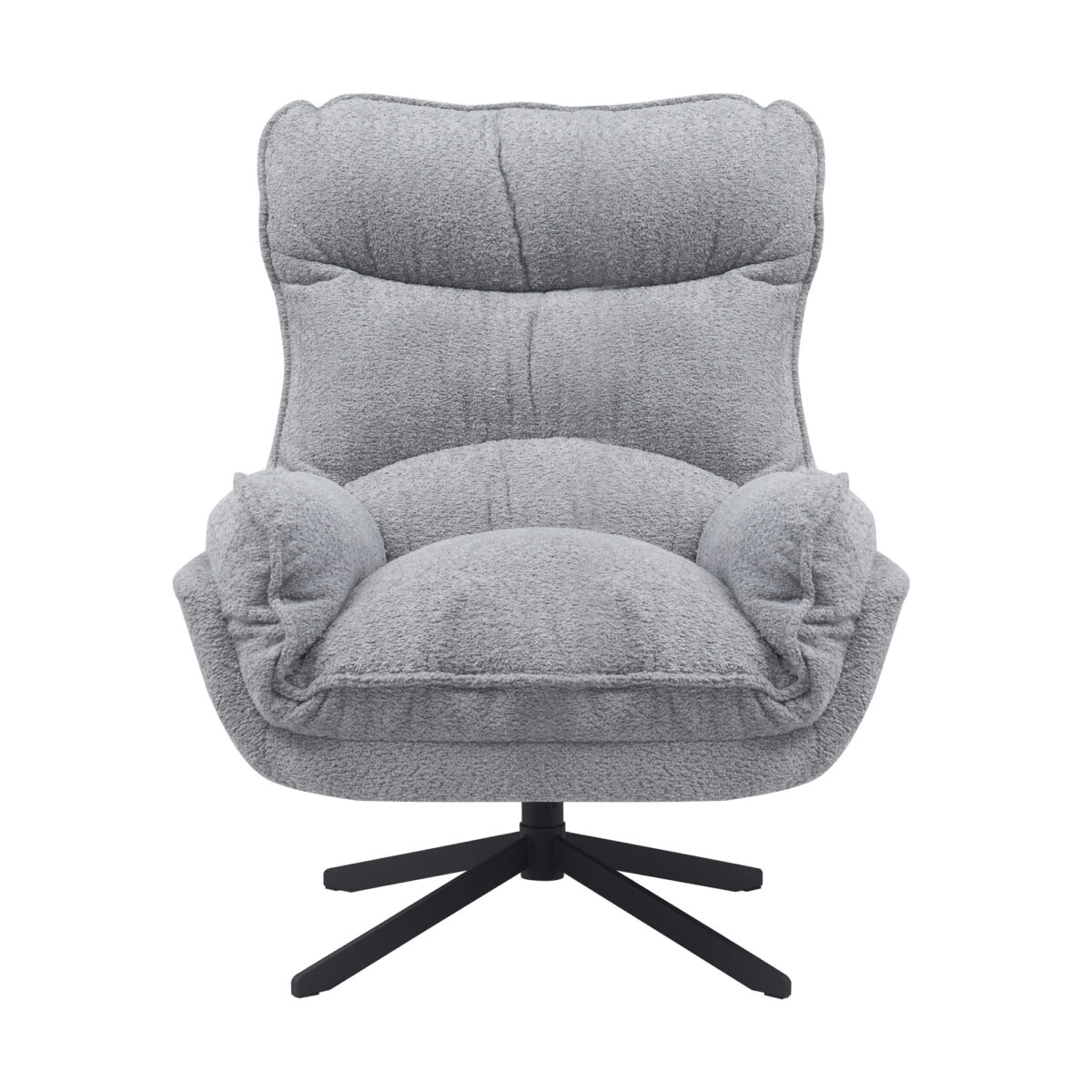 De Fauteuil Vera Lichtgrijs is een moderne pluche fauteuil met een hoge rug, gebogen armleuningen, zachte stof met textuur en een zwarte metalen draaivoet met vier poten.