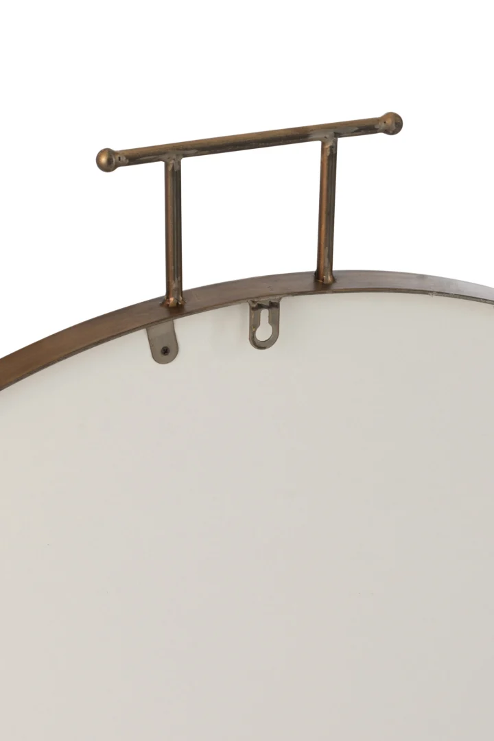 Close-up van de achterkant van de Mirror Anto Mdf/Mirror Gold Large, met een metalen ophangbeugel en twee bevestigingspunten tegen een witte achtergrond.