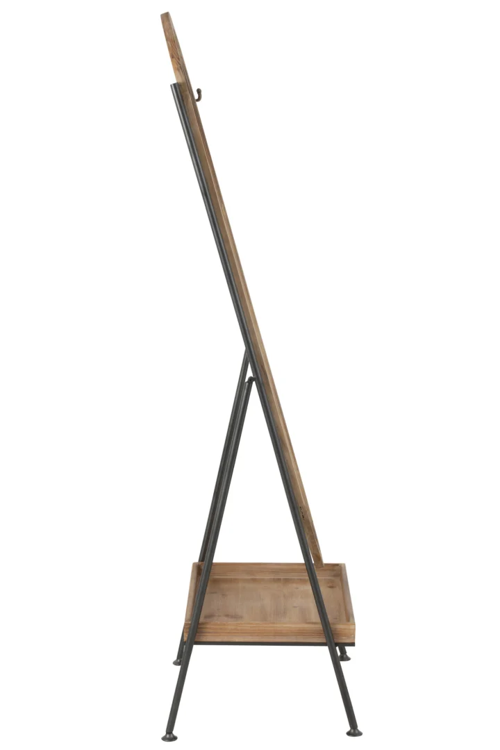 Zijaanzicht van de Mirror Standing+Shelf Metal/Wood Brown, met een stevig metalen frame, houten planken voor opslag en vier schuine poten voor stabiliteit.
