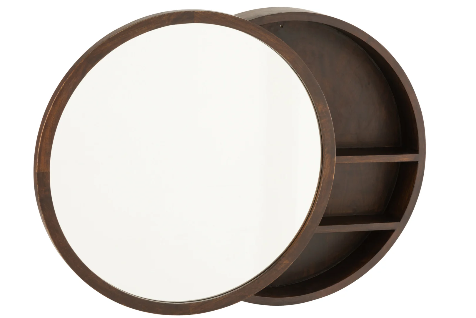 De Mirror Slidable Wall Rack Conie Mango Wood Dark Brown is een ronde wandkast met een verschuifbare ronde spiegel die aan één kant open opbergplanken onthult.