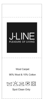 Een label voor J-LINE, Pleasure of Living, toont Vloerkleed Geruit Wol Beige/Wit: een tapijt gemaakt van 90% wol en 10% katoen. Daaronder staan onderhoudssymbolen en de tekst "Spot Clean Only".