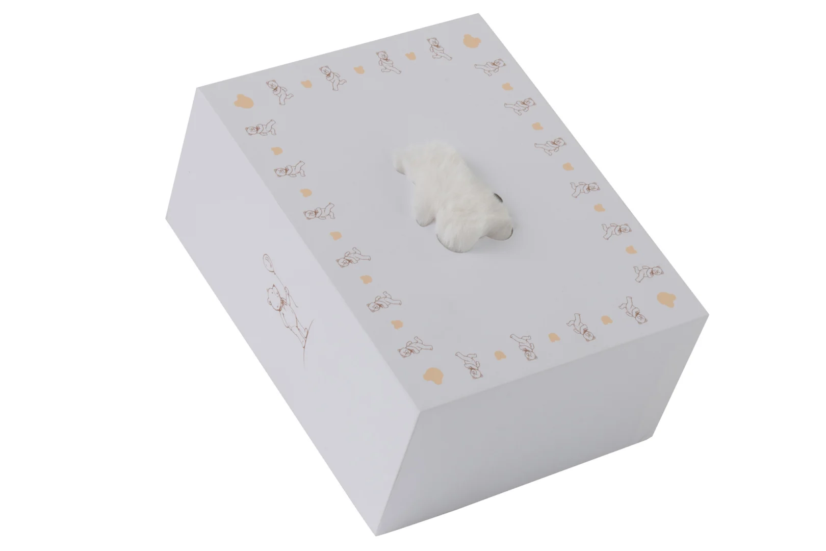 Het Vloerkleed Bier Polyester Wit wordt geleverd in een witte rechthoekige doos met een kleine pluchen witte hond op het deksel, versierd met lichtbruine hartjes en delicate dierenschetsen langs de randen en zijkanten.