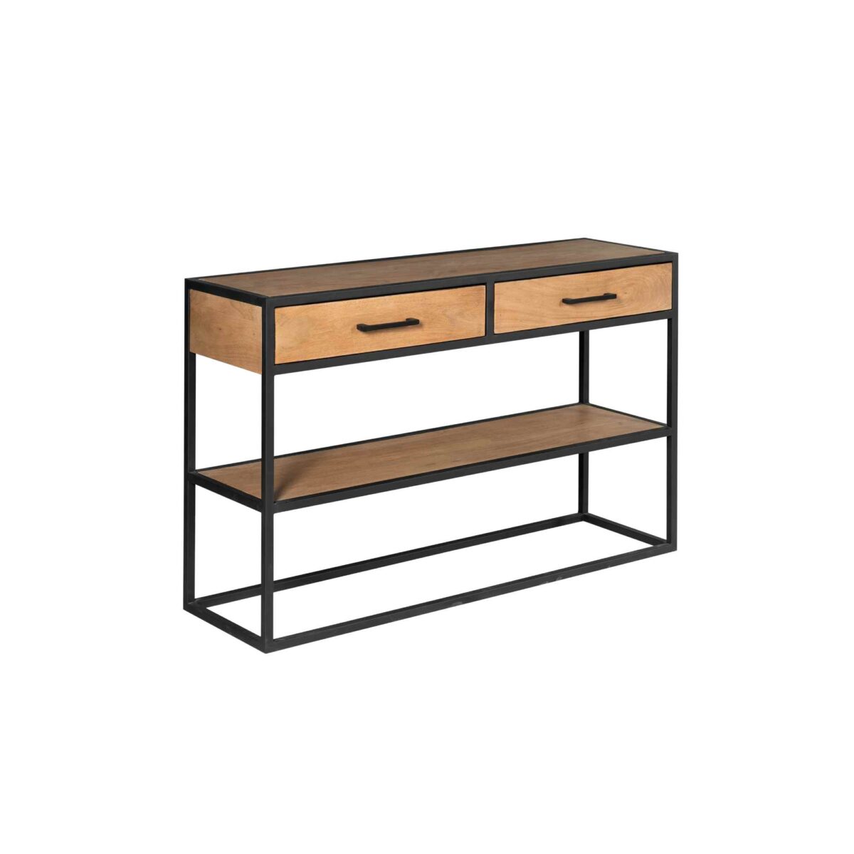 De Sidetable Denver heeft een zwart metalen frame, twee mangohouten lades met zwarte handgrepen en een onderste houten plank, allemaal tegen een witte achtergrond.