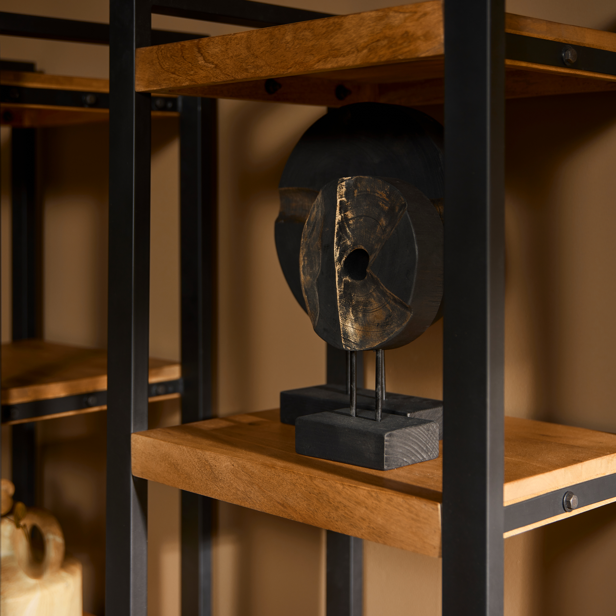 De Boekenkast Boaz | 1 deur toont een ronde, abstracte zwartbruine houten sculptuur op een standaard, tegen een bruine muur.