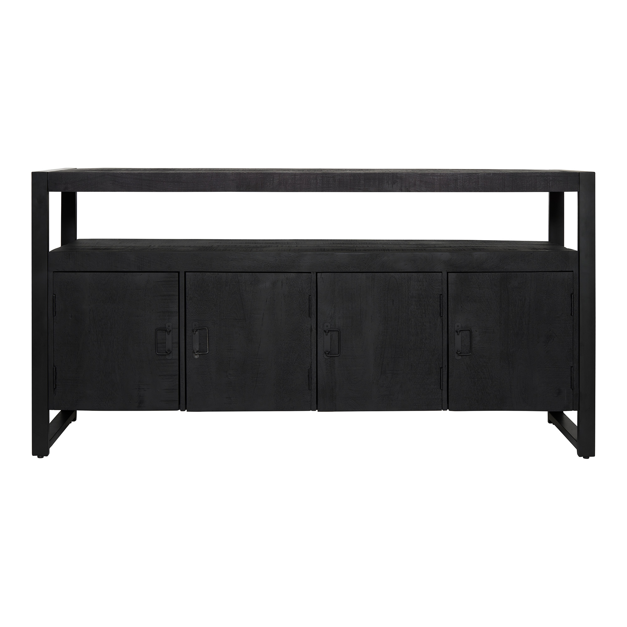 De Dressoir Boaz Black | 175 cm is een zwart, rechthoekig dressoir met vier kastdeuren, een open plank erboven en een minimalistisch industrieel ontwerp met strakke lijnen en een metalen frame.
