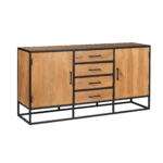 De Dressoir Denver heeft een zwart stalen frame, lichte mangohouten panelen, twee zijkasten en vier centrale lades met zwarte handgrepen voor een minimalistische industriële look. Lengte: 165 cm.