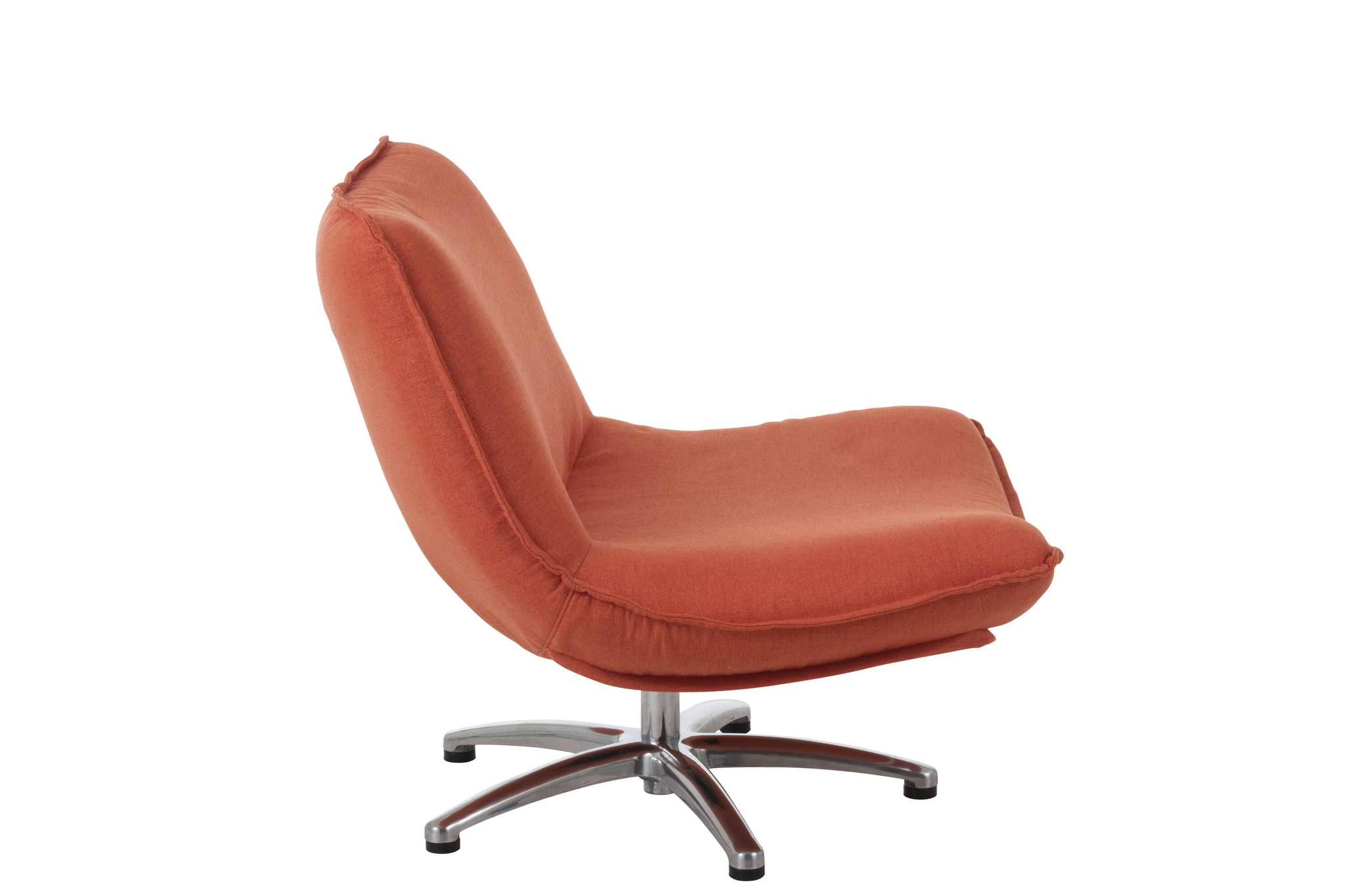 De Draaistoel Fluweel Oranje Metaal Zilver is een moderne, armloze stoel met een roestoranje fluwelen bekleding, een gepolsterde zitting en een chroom draaivoet met vijf poten tegen een witte achtergrond.